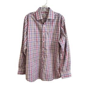 Peter Millar Button Down Dress Shirt Plaid Red White Blue Tan Men's Size Large